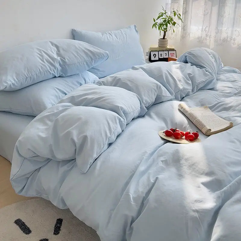 Cyflymder  INS Korean Style Fresh Blue Duvet Cover Washed Cotton Bed Sheet Bed Skirt Four-Piece Set Dormitory Simple Solid Color