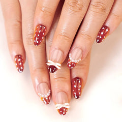 Cyflymder  Bowknot Pearl French Brown Wearable Nail Art White Round Polka Dot Fake Nails Detachable Finished False Nails Press on Nails