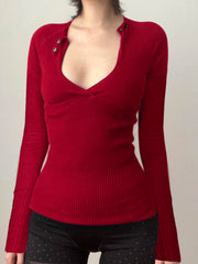 Cyflymder  Retro Button-up Hollow Out Knitwear Shirts Women Casual Skinny Basic Long Sleeve Cropped Tops Streetwear Tee Shirt Lady