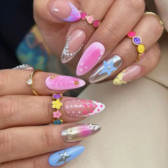 Cyflymder  24Pcs Almond Y2K Dopamine Press on Nails Gradient French Star False Nails Polka Dot Design Detachable Full Cover Fake Nails Tips