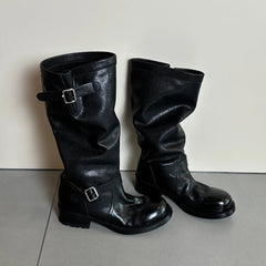Cyflymder   Knee-high Pleated Leather Boots Women's Fashion Booties Over-the-Knee Rough Heel Long Boots Foldable Calf-length Boots