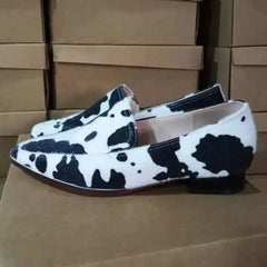Cyflymder  Cow Print Loafers Casual Pointed Toe Low Heels Shoes Size 34-43 Shallow Single Shoes