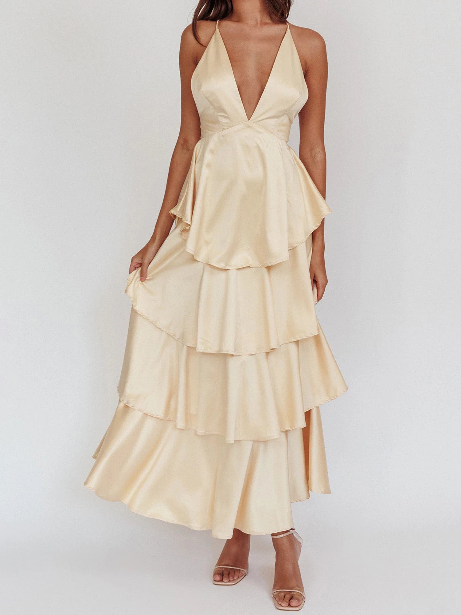 Cyflymder  Elegant Lace Sleeveless V-neck Backless Maxi Dress with Ruffled Hemline for Wedding Guest or Formal Event