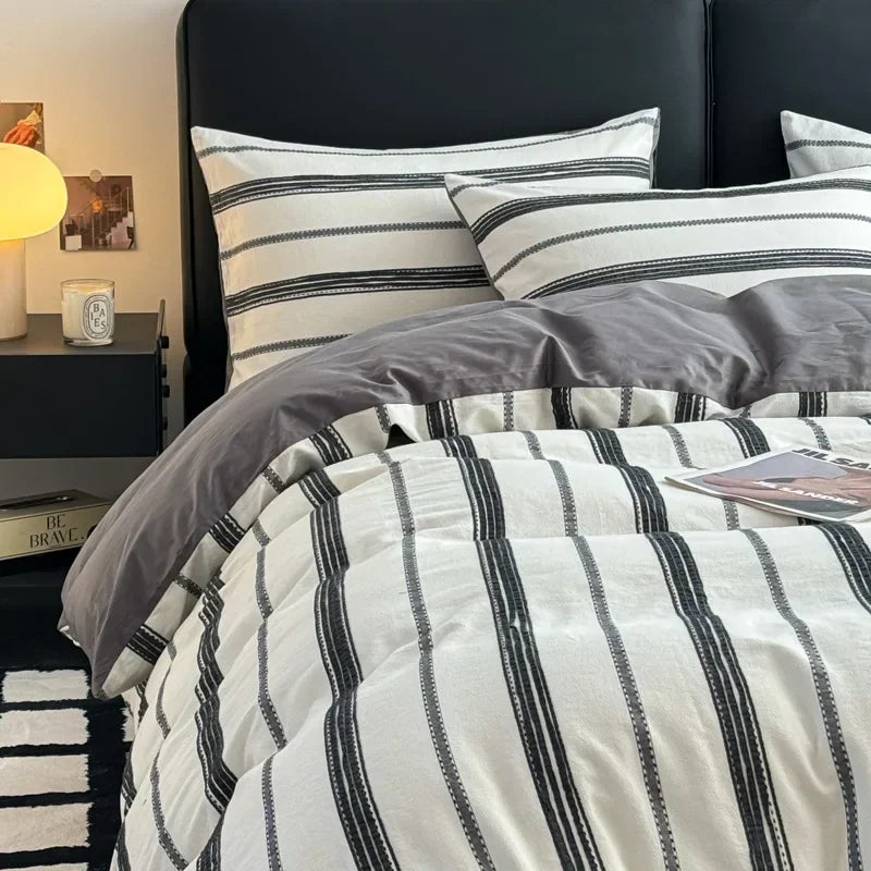 Cyflymder  4Pcs High-End Striped Jacquard Fitted Sheet Bedding 100% Cotton Soft Breathable Bedclothes Cozy Comfort Set with Corner Belt