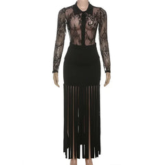 Cyflymder   Sexy See Through Mesh Lace Long Sleeve Shirts Top + Tassel High Waist Bodycon Maxi Skirts Women Fashion 2 Piece Set Party Suits
