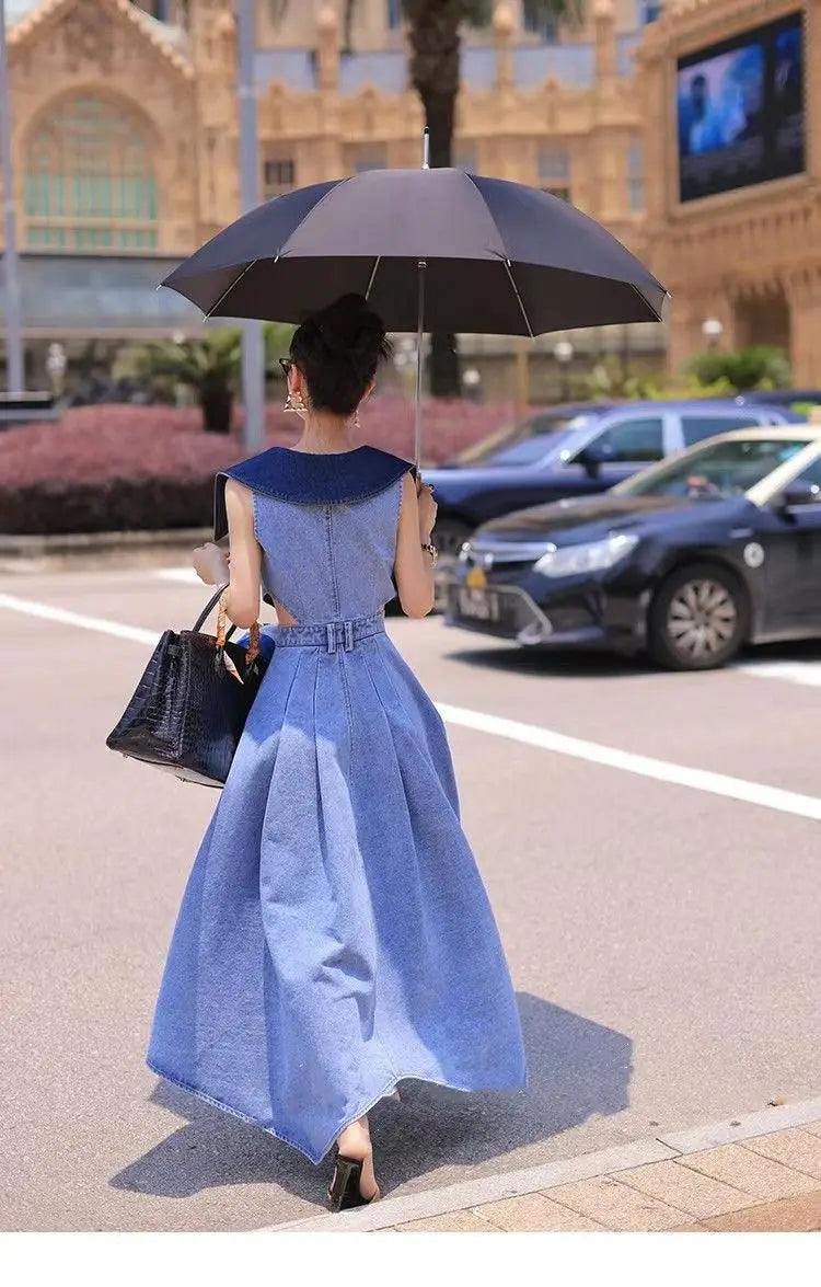 Cyflymder  Trendy Fashion Women's Metal Buckle Waist Hollow Out Denim Dress Spring Lapel Sleeveless Split Dresses Female