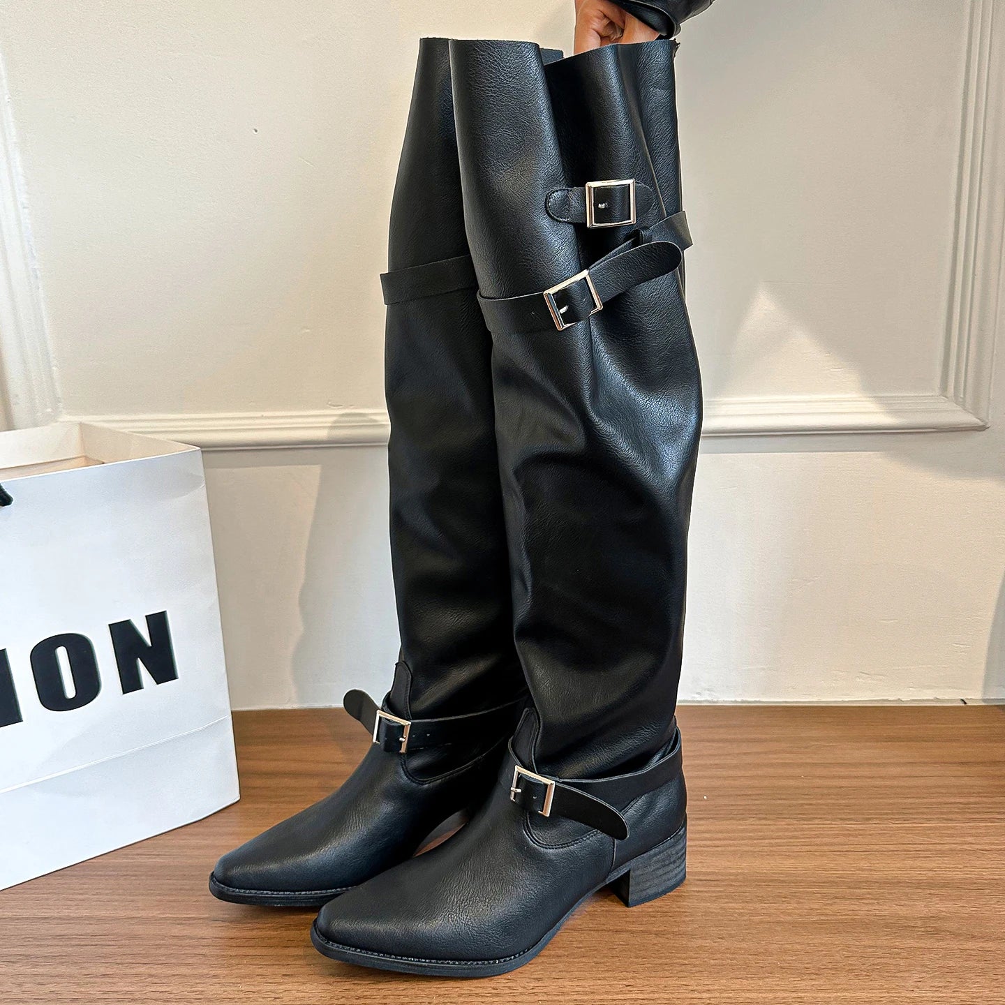 Cyflymder  Autumn Winter Pleated Women Knee High Boots Vintage Square Low Heels Shoes Female Belt Buckle Long Booties
