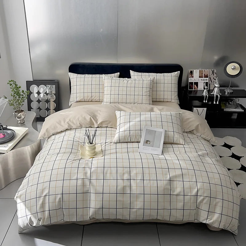 Cyflymder  100% Cotton Geometric Pattern Printed Bed Sets Soft Grid Duvet Cover Bedsheet Pillowcases for Home Single Queen Size Bedding Set