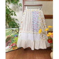 Cyflymder  Summer Bohemia Sweet Flower Print Skirts Women Trendy Chic Splice Simple Elastic Waist Splice Lace A-line Midi Skirt 288B