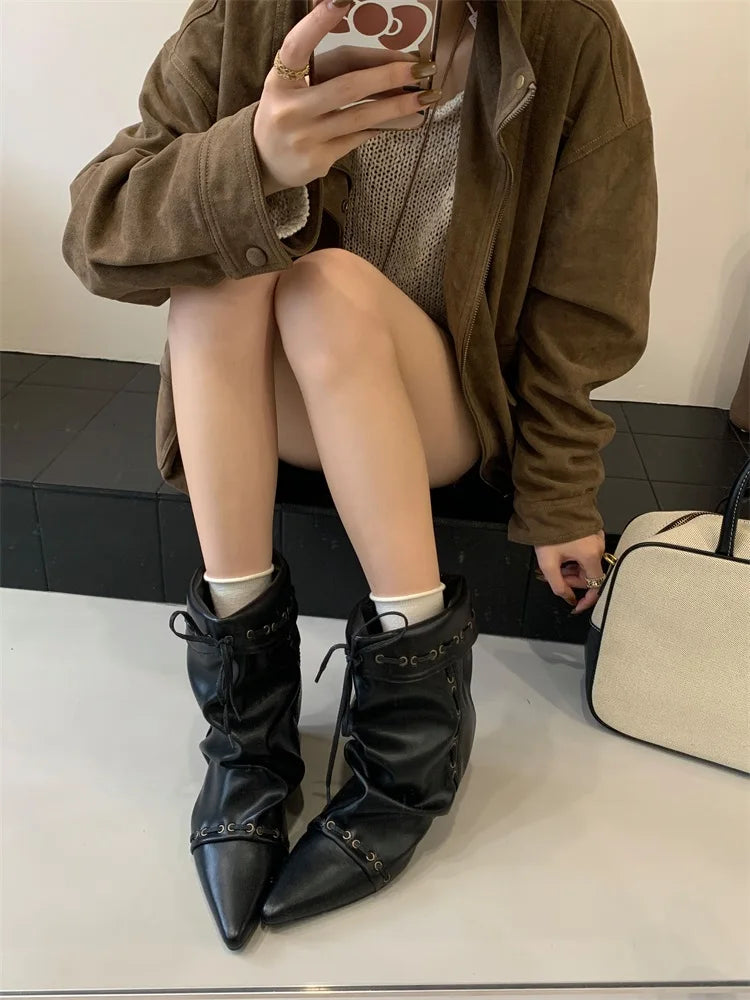Cyflymder  Autumn Winter Soft Suede Pointed Toe Ankle Boots Women Fashion Lace Up Punk Style Modern Short Boots Ladies Wedges Party Heels