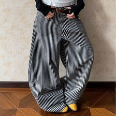 Cyflymder   Fashion Low Waist Striped Casual Pants Women Loose Straight Wide-leg Pants Trousers