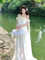 Cyflymder  One-shoulder Dr with 3D Floral Embroidery Beach Vaion Long White Gown Morning Robe Ceremony Dress