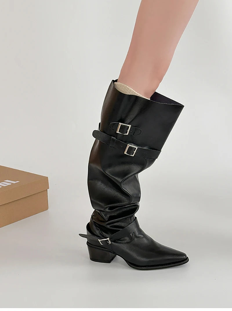 Cyflymder  Autumn Vintage Thick Heel Women Knight Boots Fashion Belt Buckle Shoes Ladies Elegant Pointed Toe Mordern Knee High Booties