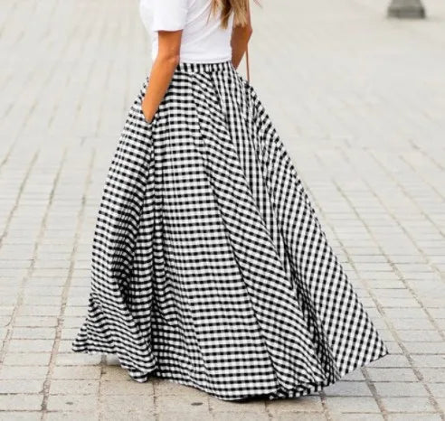 Cyflymder   Spring/Summer Elegant and Fashion Style Checkered Medium to Long High Waist Large Swing Skirt with Drop Feeling Half Body Skirt