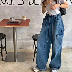 Cyflymder  Drawstring Large Pocket Neutral Loose Overalls Denim Wide-leg Pants