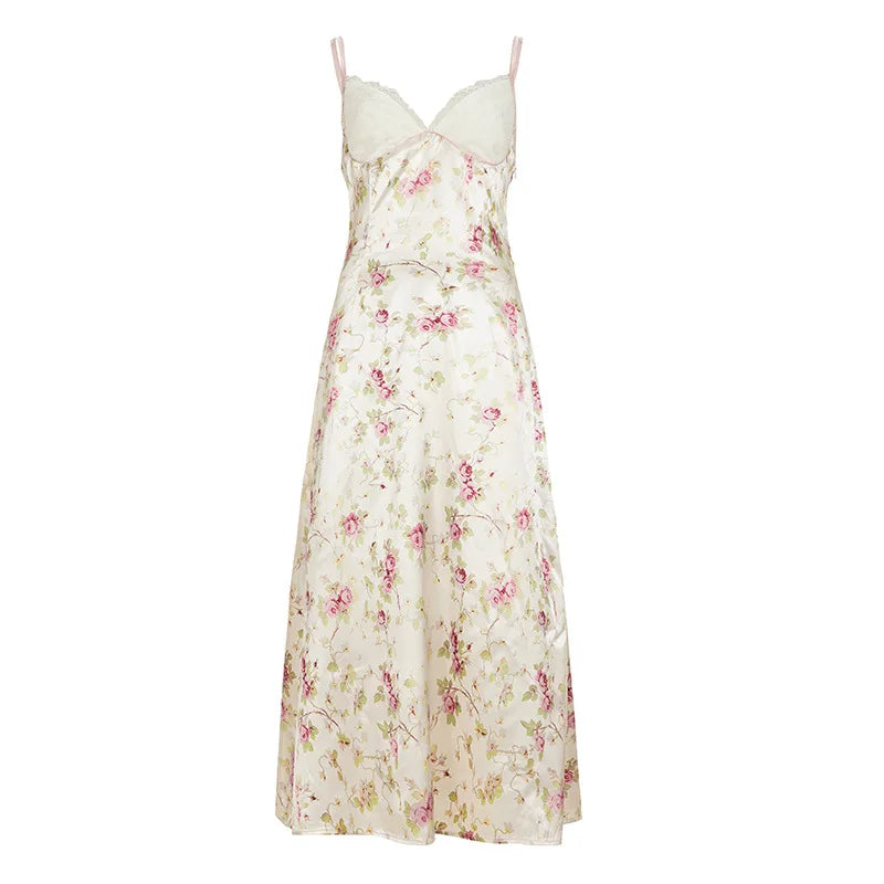 Cyflymder  French Street Style V-Neck Lace Satin Slip Dress Women Floral A-Line Maxi Dress with Adjustable Straps for Summer Vacation