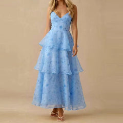 Cyflymder   New Floral Mesh Layered Cake Party Dress Sexy Ladies V Neck Camisole Vacation Dress Sweet Casual Summer Beach Woman Long Dress