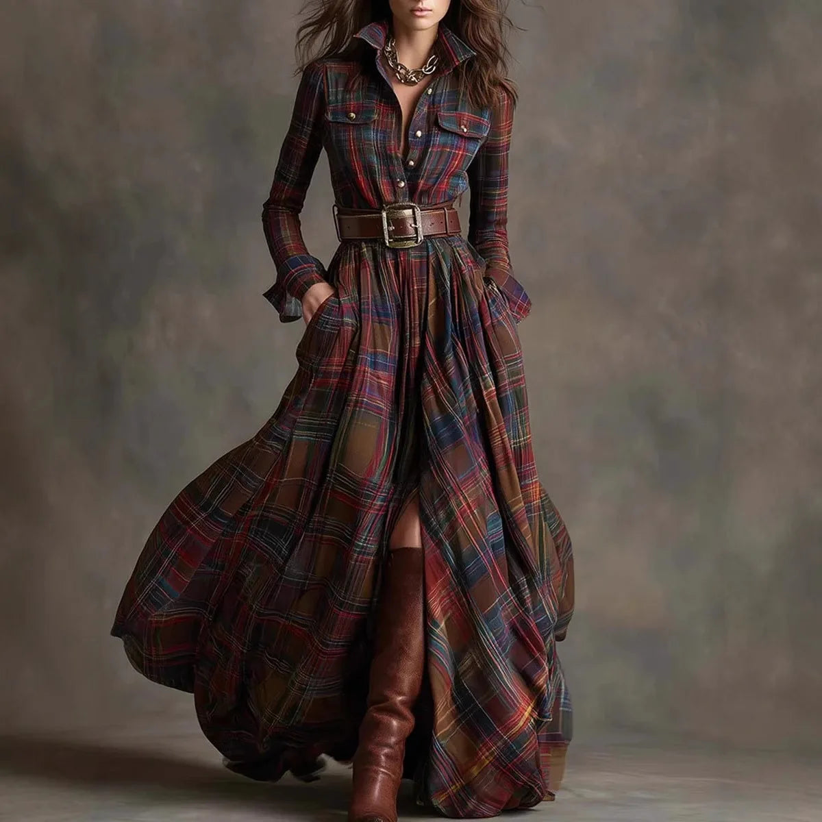 Cyflymder  European American Women's Shirt Maxi Dress Autumn Casual Long Sleeve Button Pocket Plaid Print Lapel Retro Long Dress Vestidos
