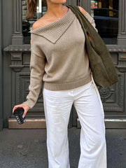 Cyflymder  Women's I-neck hollow off-the-shoulder long-sleeved wool pullover is versatile and casual, suitable for daily travel.
