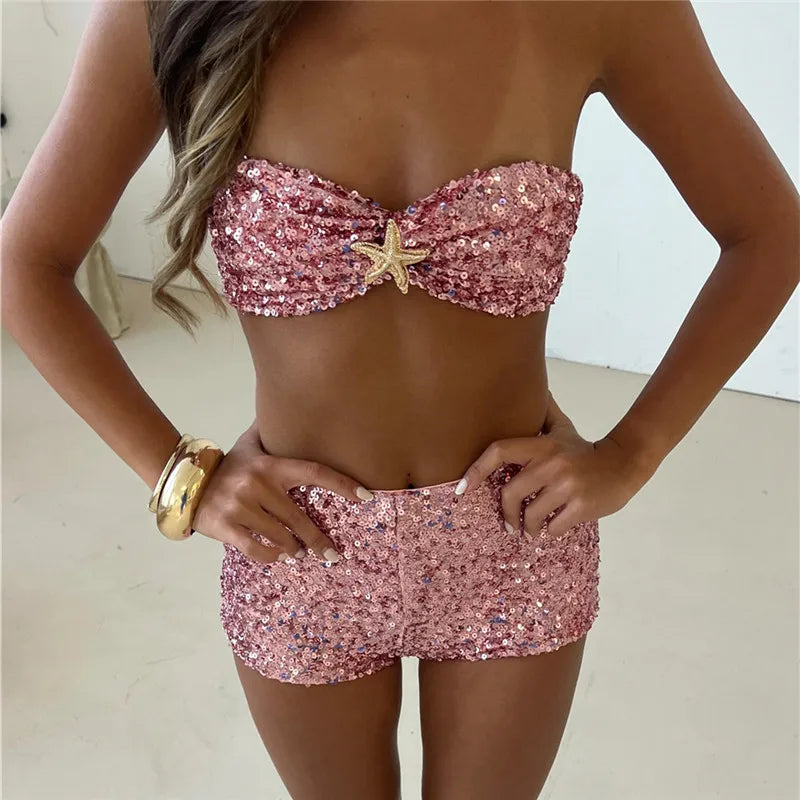 Cyflymder  Sexy Women's Summer Sequin Outfit Stylish Sparkly Bra Tops and Low Rise Mini Skirts/Shorts 2 Pcs Set Party Rave Outfit