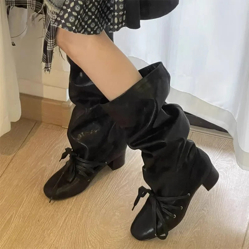 Cyflymder  Designer Thick Heel Women Knee High Boots Fashion Ladies Lace Up Knight Long Booties botas de inverno feminina