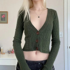 Cyflymder  Elegant Autumn Simple Knitted Short Cardigan Y2k American All Match Commuter Punk Women Sweater V Neck Single Breasted Jumper