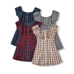 Cyflymder  CHIC Contrast Color Plaid Open Buttons Slash Shoulder Mini Dress Women Short Sleeve Slim Waist Dresses Holiday Robe Femme