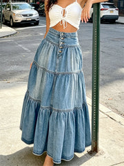 Cyflymder  Fashion Women's Loose Denim Skirt High Waist Layered Ruffle A-line Long Skirt Summer Fall Daily Casual Vintage Streetwear