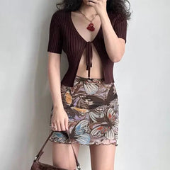 Cyflymder  New Summer American Retro Printed Mesh High-waisted Skirt for Women's Fashionable Slim Hip-packing Skirt