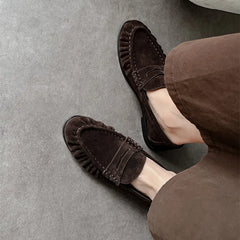 Cyflymder  Lady Loafers Model Handcrafted Retro Pleated Single Shoes for Women, Women's Low-Heeled Leather Suede Shoes