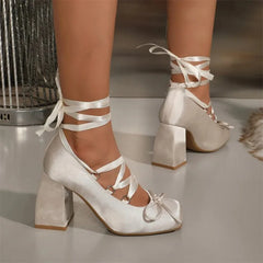 Cyflymder   Brand Design Square High Heeled Cross-tied Ballerina Pumps Satin Beige Lace-up Sweet Lolita Mary Janes Ballet Shoes Women