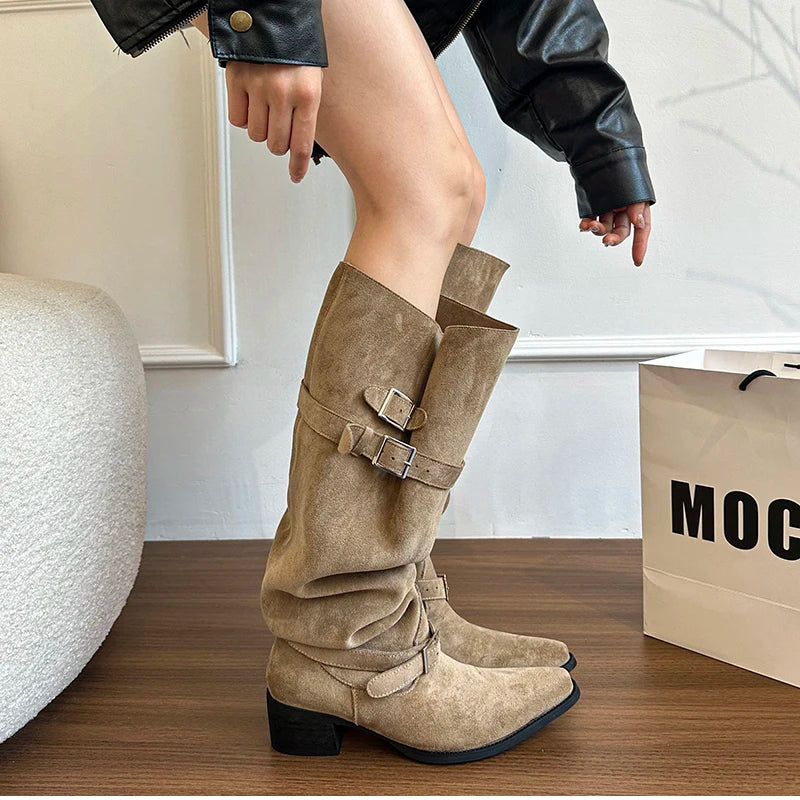 Cyflymder  Autumn Winter Pleated Women Knee High Boots Vintage Square Low Heels Shoes Female Belt Buckle Long Booties