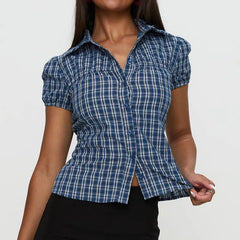 Cyflymder  Women's Basic Button Down Shirts Cap Sleeve Lapel Collar Tight Blouse Tie Up Back Slim Fit Tops Summer Office Shir