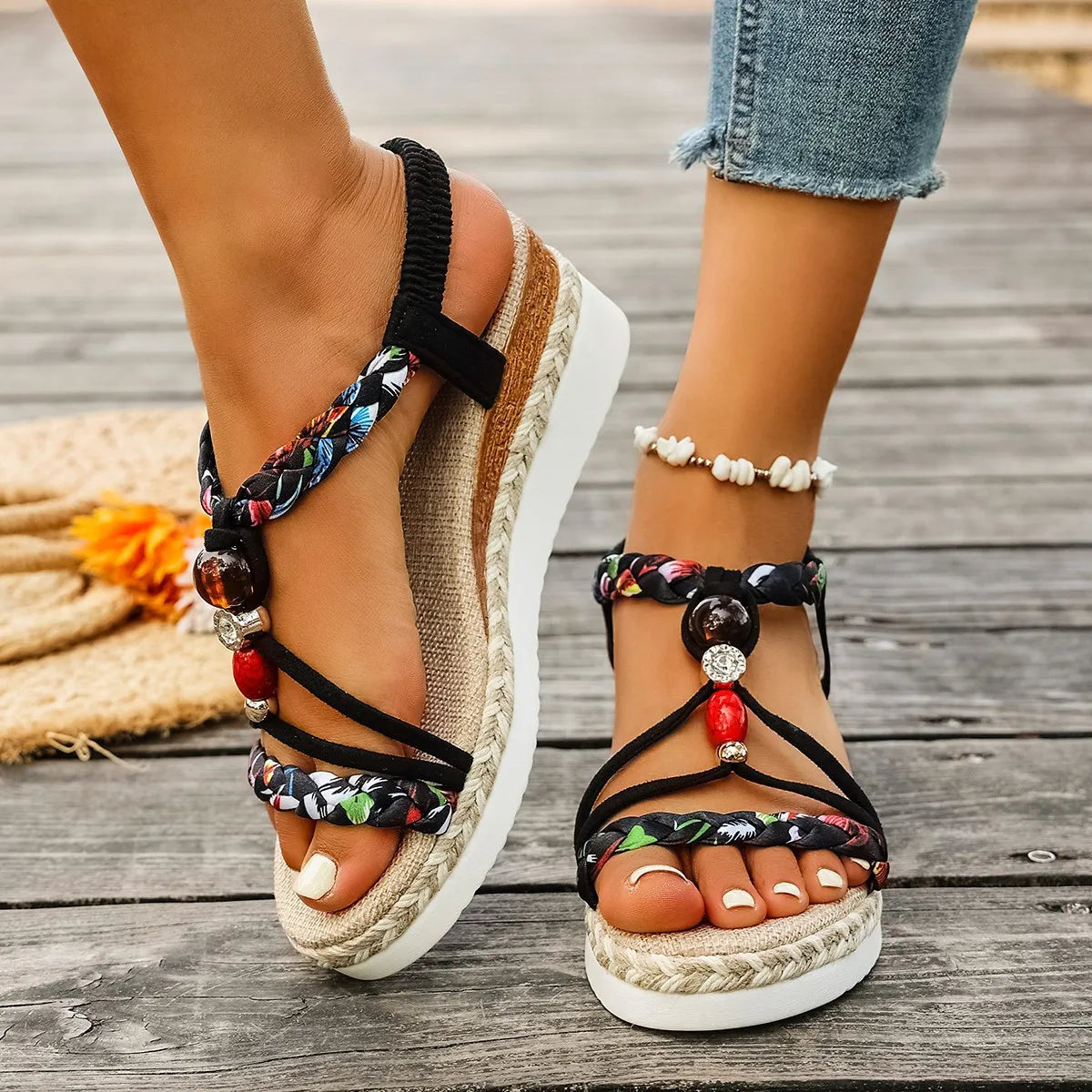 Cyflymder  Fashion T-Strap Platform Sandals for Women New Mix Color Elastic Band Wedge Sandals Woman Summer Daily Open Toe Sandalias Female