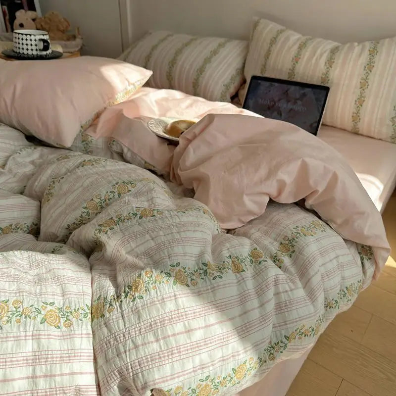 Cyflymder 100%Cotton Yarn dyed Jacquard Floral Chic Twin Bedding Set Skin-friendly Soft Comfortable Duvet Cover Bed Sheet Pillowcases