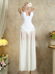 Cyflymder  Women's White Beach 2 Piece Set Sexy Metal Circle Strap Sleeveless V Neck Bodysuit and Mesh Long Skirt 2 Piece Swimsuit
