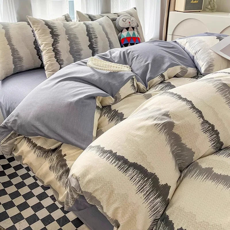Cyflymder  Simple Nordic Pure Cotton Striped Bedding Set Naked Sleeping Comfortable Duvet Cover Set Fitted Sheet Kit for Single and Double