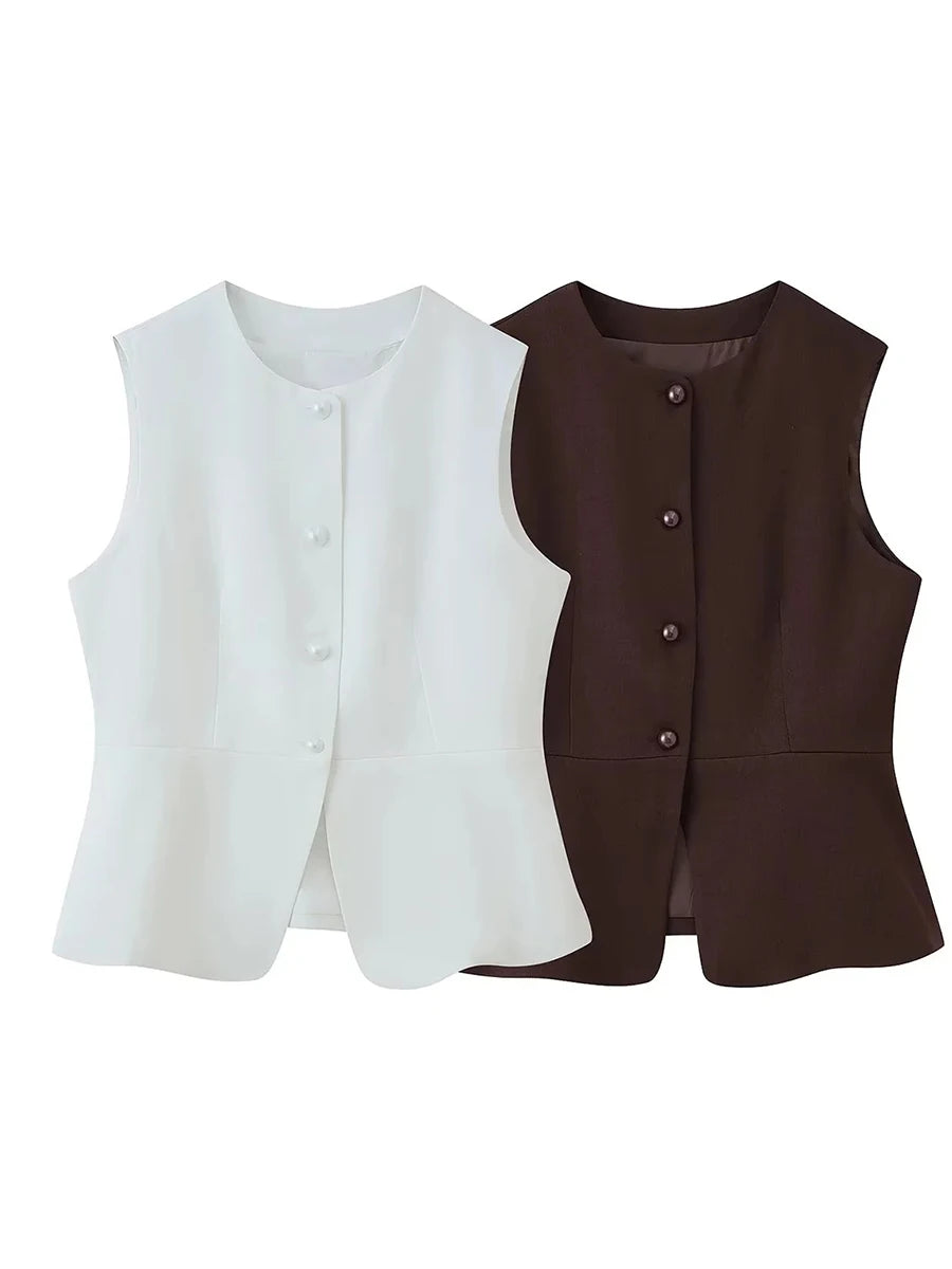 Cyflymder  Office Ruched Hem Tank Top for Women O Neck Sleeveless Patchwork Single Breasted Temperament Vest Female Fashion