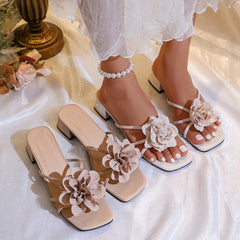 Cyflymder  Luxury Light Color Slippers Ladies Outdoor High-heel Slippers Fashion Flower Design Summer Square Head Women's Slippers