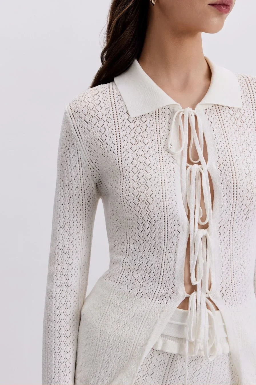 Cyflymder  Casual Knitted Ruffle Shirt Skirt Set Women Full Sleeve Lapel Lace Up Shirts Slim Mini Skirts Female 2025 Summer Fall Lady Suits