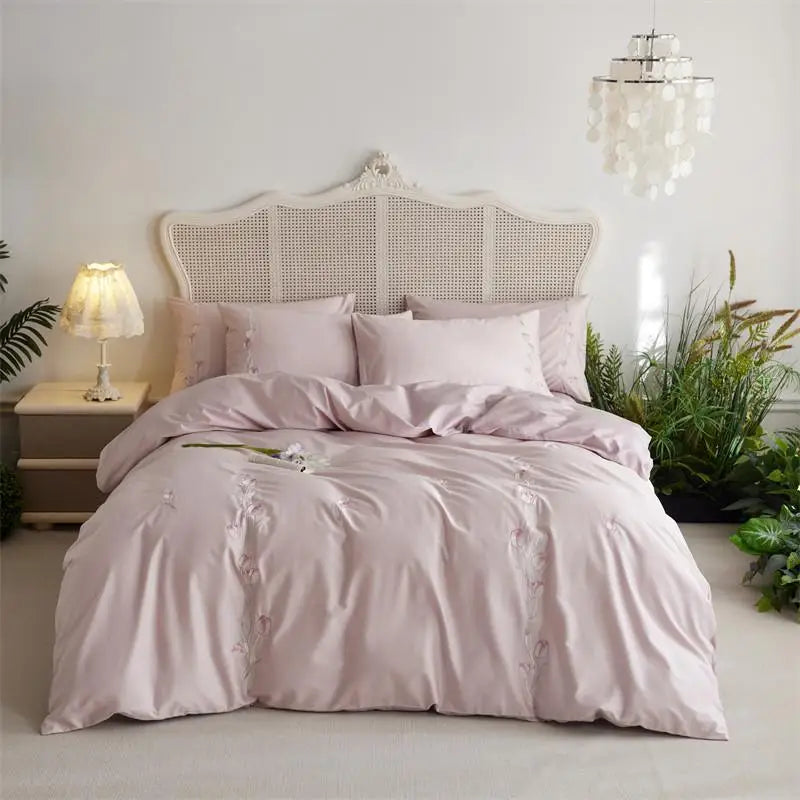 Cyflymder  Long-staple Cotton Floral Blossom Embroidery Comfortable Ultra Soft (1Duvet Cover+1Flat Bedsheet/Fitted Bedsheet+ 2Pillowcases)
