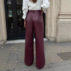 Cyflymder  Fashion Button Red Wine Straight Pants Women High Waist Zipper Fly PU Leather Spring Summer Elegant Solid Color Slim Trousers