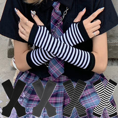Cyflymder  Women y2k Winter Warm Long Sleeves Fingerless Gloves Stripe Hip-hop Knitted Elbow Mittens Elastic Outdoors Warmer Lolita Cosplay