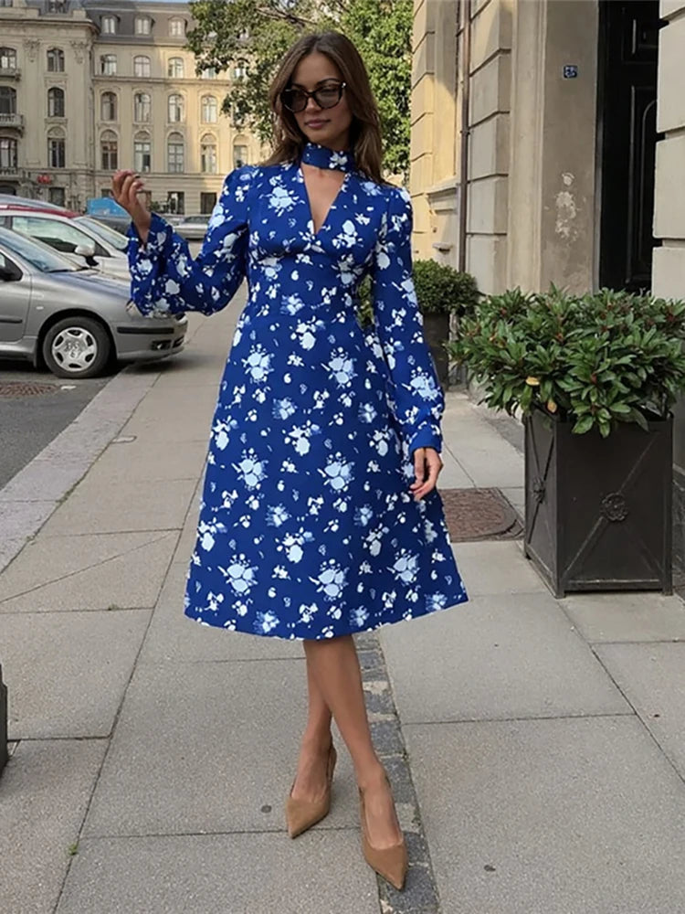 Cyflymder  Street Floral Print Maxi Dress Women v-Neck Ribbon Long Sleeve Folds Elegant Daily Autumn Trend Chic Prom Party Vestidos