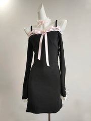 Cyflymder  Cute Dresses Women Summer Autumn Lace Trim Bows Decoration Slim Long Sleeve Black Dress for Sweet Girls Kawaii Clothes
