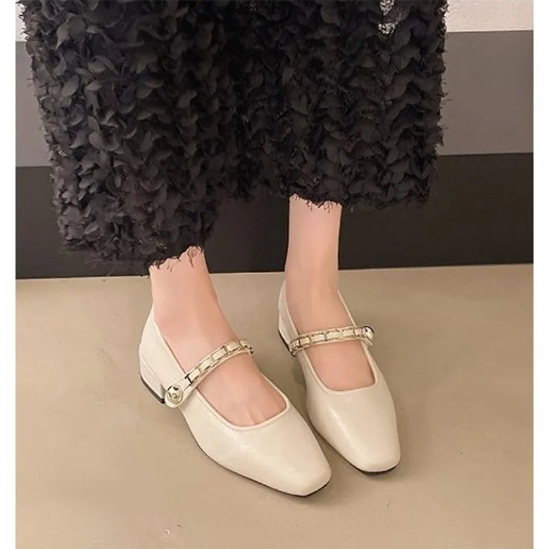 Cyflymder  Retro low-heeled single shoes for women, new summer fashion gold buckle square toe comfortable high-heeled leather shoes