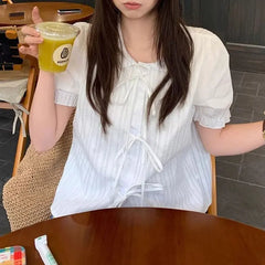 Cyflymder  Female Clothing Fashion Peter Pan Collar Shirts French Style Drawstring Bow Summer Solid Color Basic Short Sleeve Aura Blouse