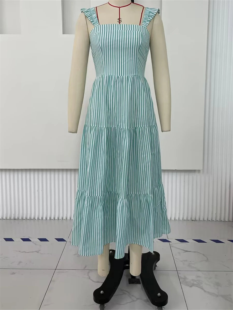 Cyflymder  Women's Elegant Summer Midi Dress Stripe Sleeveless Backless Straps Tiered A-Line Dress for Summer Casual A-line Dress