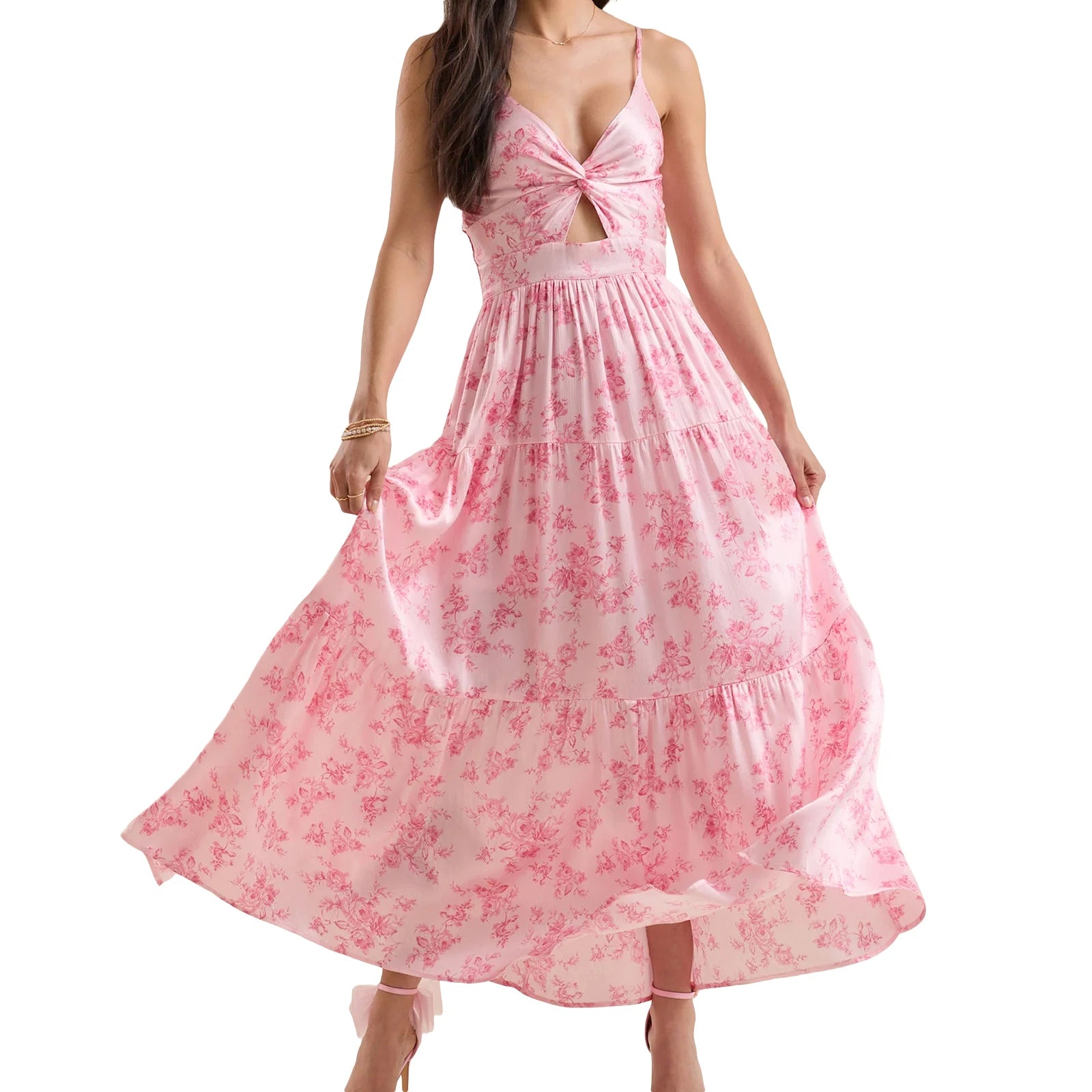 Cyflymder  Elegant Lace Sleeveless V-neck Maxi Dress with Floral Print Perfect for Summer Cocktail Parties and Events