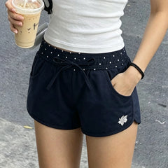 Cyflymder  Women's Casual Summer Shorts with Polka Dot Elastic Waist With Floral Embroidery Drawstring Tie Side Pockets Loose  Mini Bottoms